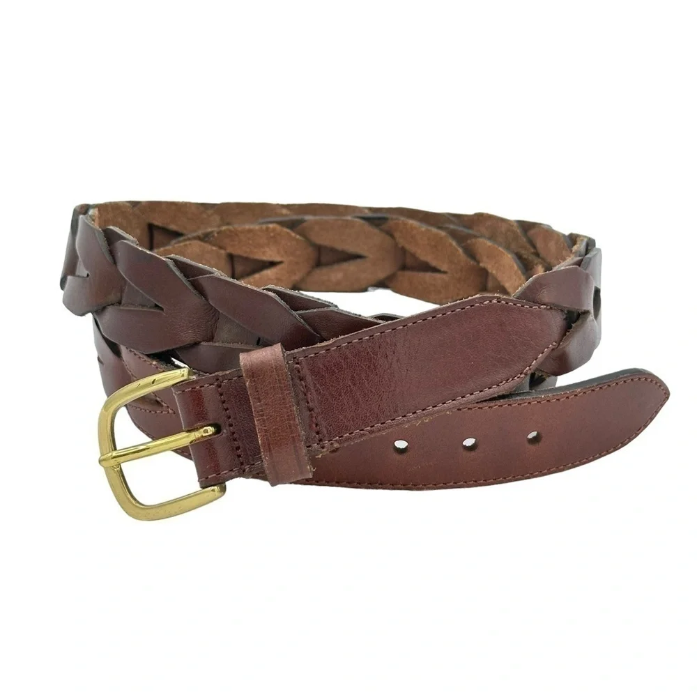 Brown Braided Woven Leather‎ Belt With Brass Buckle Size Medium